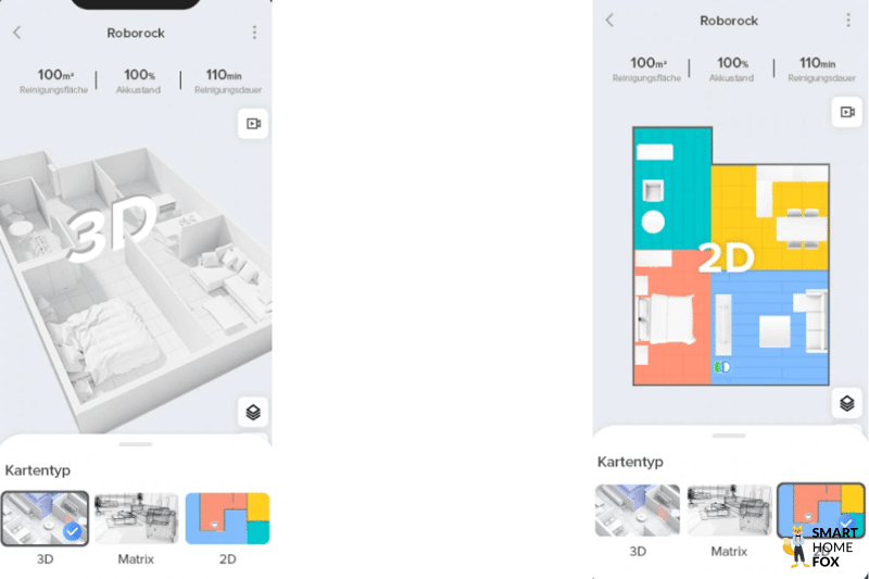 Выбор отображения карты квартиры - 3D или 2D - в приложении Roborock S7 MaxV App.